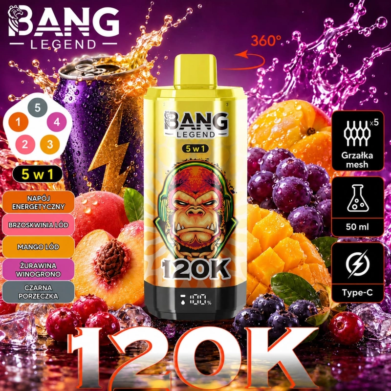 Bang Legend 120K smak Mango-Brzoskwinia – 5 w 1 vape jednorazowy USB-C 120K puff Polska