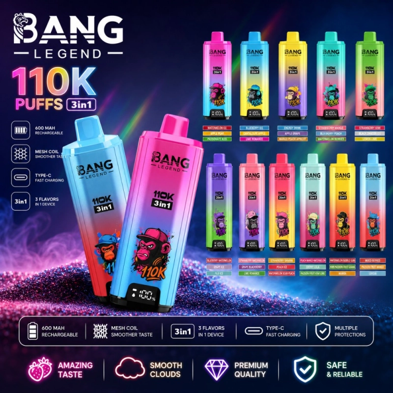 Vape descartável Bang Legend 110K Puffs 3 em 1 recarregável com 12 sabores e ecrã LED, envio rápido em Portugal