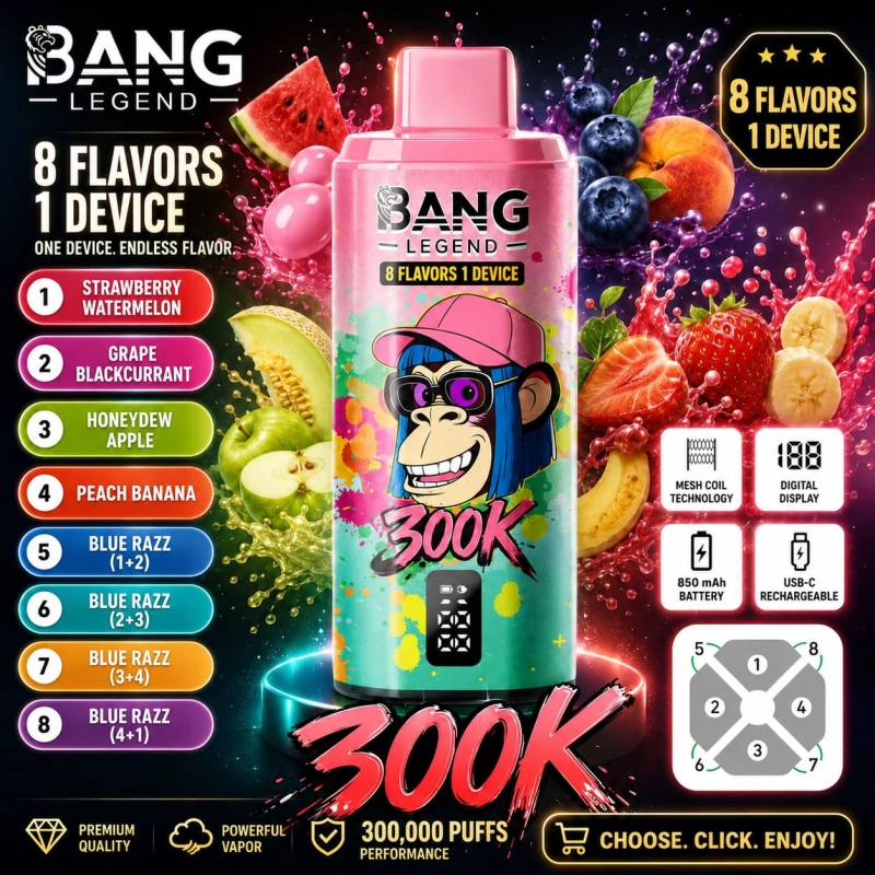 Bang Legend 300K 8-in-1 vape with Watermelon Sour Peach, Blueberry Ice, California Cherry and Strawberry Mango