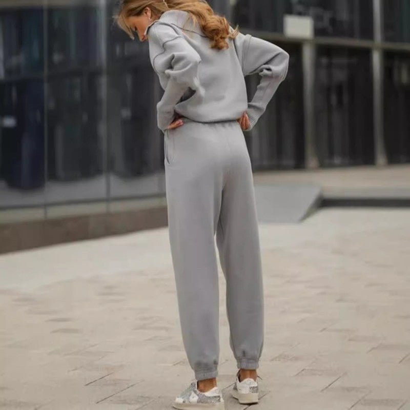 Conjunto de 2 peças de roupa desportiva casual para mulher – top com meio fecho e lapela e jogger a condizer