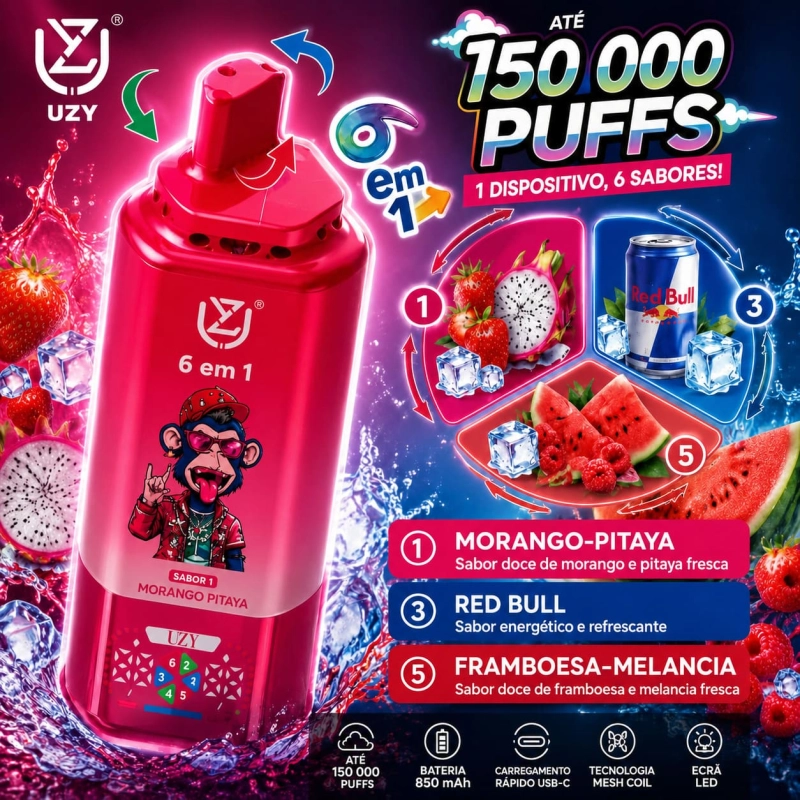 Vape descartável multi-sabores sabor Morango, Pitaya e Energia com morango e fruta-do-dragão, Red Bull e framboesa com melancia