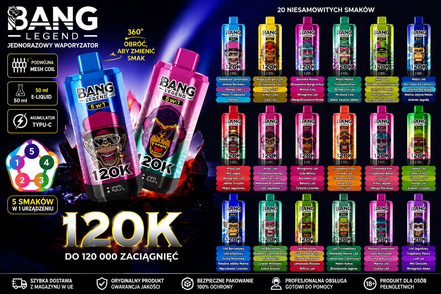 Bang Legend 120K jednorazowy e-papieros 5 w 1 DTL USB-C LED 120000 zaciągnięć 12 zestawów smakowych