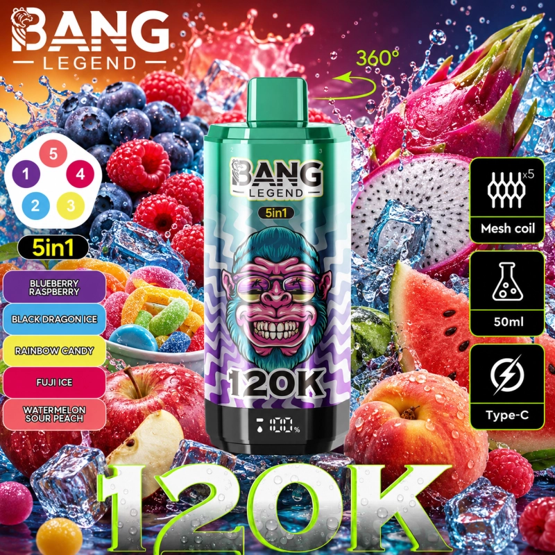 Bang Legend 120K áfonya-málna, őszibarack-mangó-görögdinnye, kóla-cseresznye, szőlő-szeder jég és mangó-őszibarack-sárgabarack ízkészlet