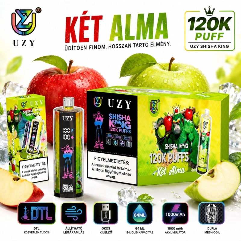 Két alma – UZY Shisha King 120K vape zöld alma és piros alma gyümölcsös íz kombináció
