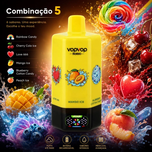 VOPVOP 150.000 Puffs Vape Descartável Recarregável 6 em 1 | 6 Sabores | USB-C | Portugal