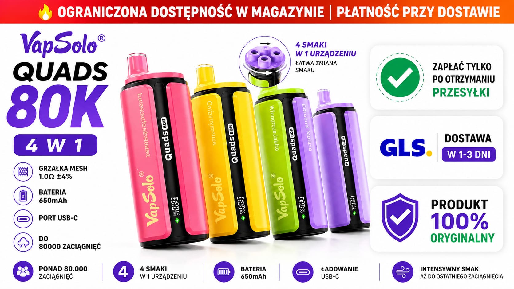 Vapsolo Quads 80K 4 w 1 – szybka dostawa GLS i InPost w Polsce, płatność przy odbiorze COD