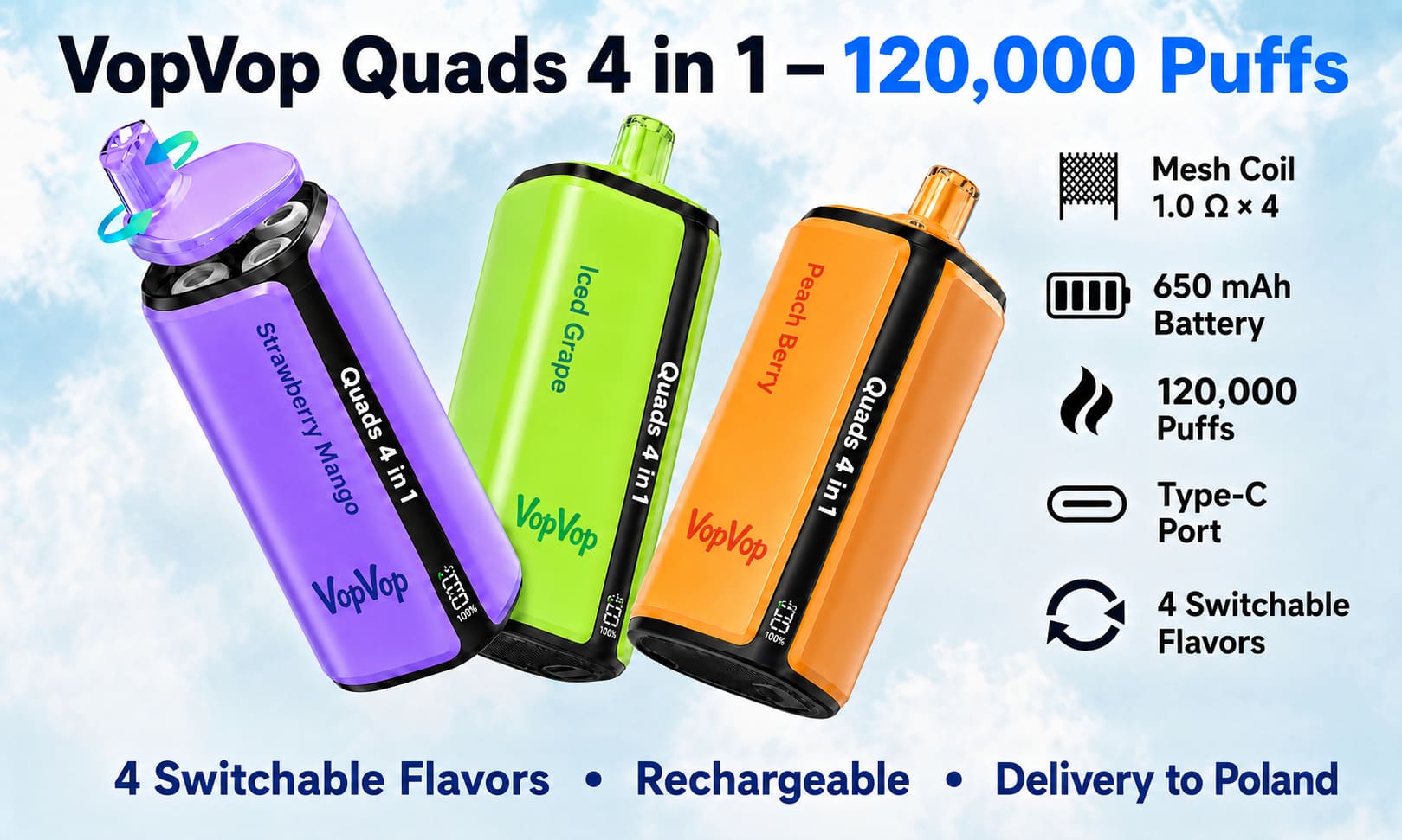 VOPVOP Quads 120K 4-in-1 rechargeable vape with 120,000 puffs, four switchable flavors, 650 mAh battery and USB-C charging