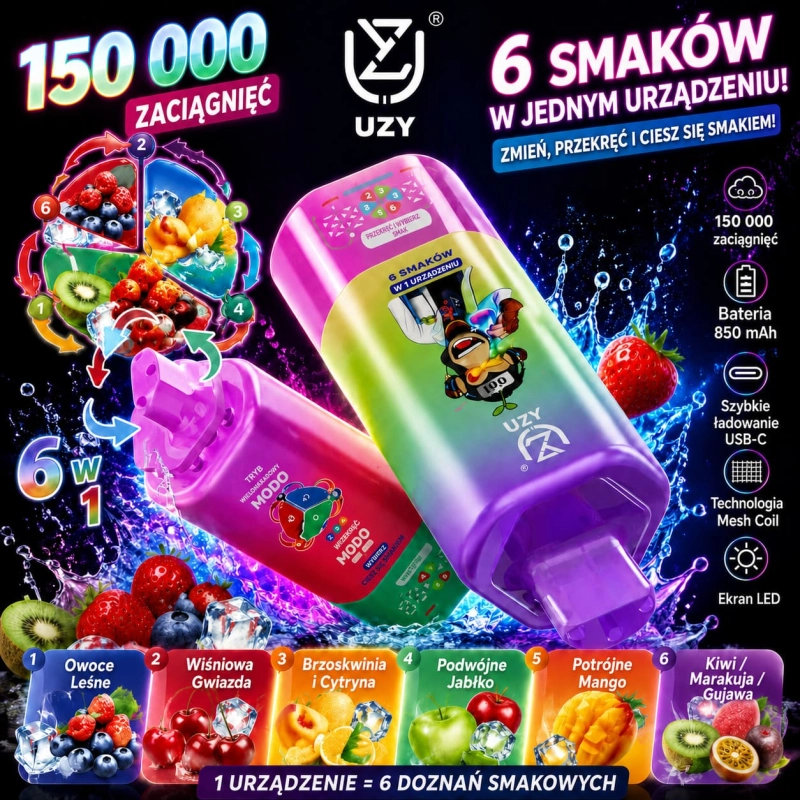 UZY 150K 6w1 jednorazowy e-papieros vape 150 000 zaciągnięć z wyświetlaczem LED i ładowaniem USB-C