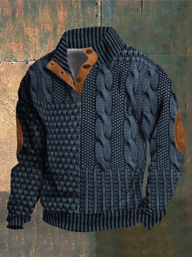Camisa masculina casual retrô de caxemira com gola alta e botões