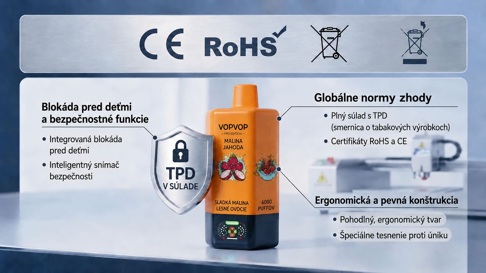 Technické špecifikácie VOPVOP 150 000 – 64 ml e-liquid, 650 mAh batéria, 1.0Ω mesh cievka, LED displej a 6 príchutí v jednom zariadení