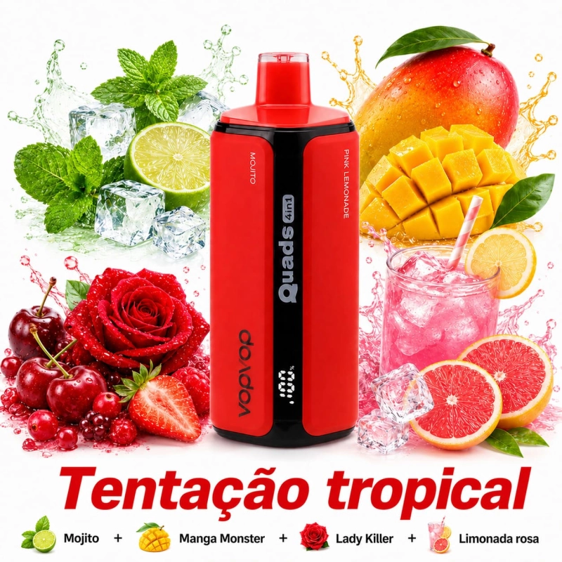 VopVop Quads 4 em 1 vape descartável 120000 puffs sabor Explosão Tropical com mojito e manga, imagem de vape com frutas tropicais