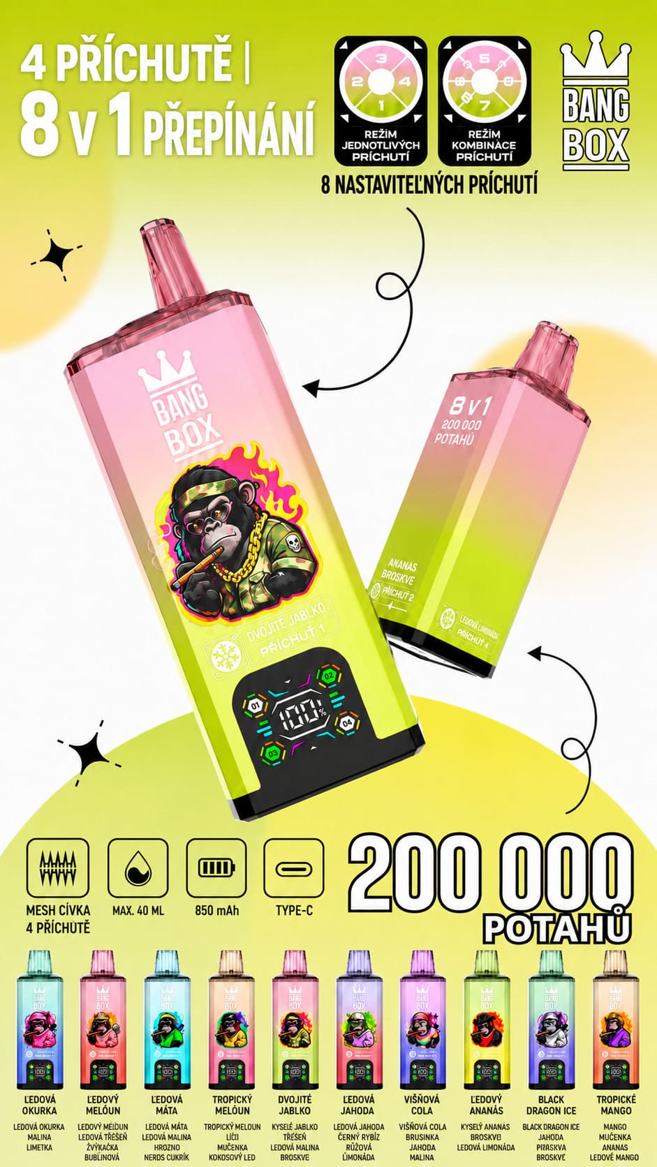 Bang Box 200K 8 v 1 přepínání příchutí – 4 nádržky, 8 kombinací chutí a nastavitelný režim příchutí