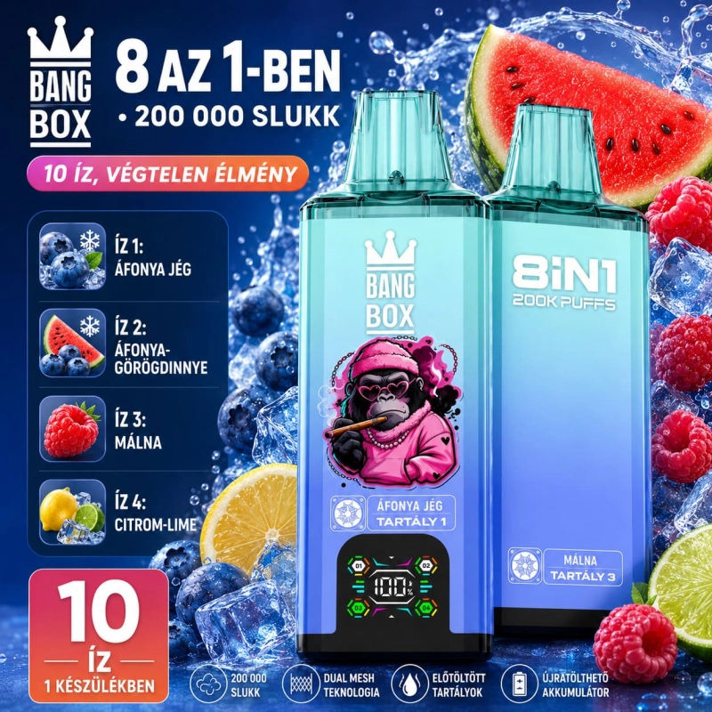 BangBox 200K eldobható vape – áfonya fagylalt, áfonya–görögdinnye, málna és citrom-lime íz kombináció