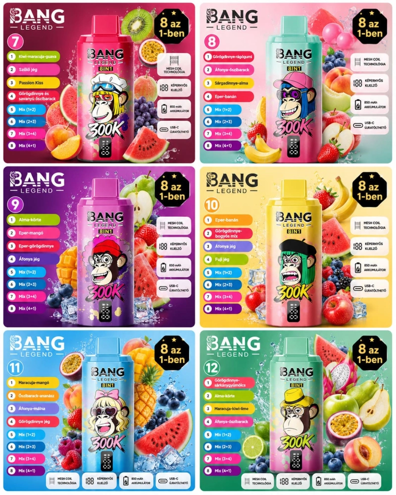 Bang Legend 8in1 300K eldobható vape több ízű gyümölcs kombináció eper mangó áfonya görögdinnye kiwi maracuja ízekkel