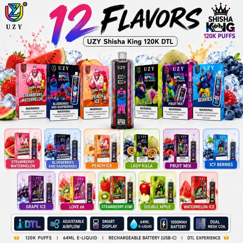 UZY Shisha Hookah King 120K Vape Multiple Flavor Collection with 12 Fruit Flavor Options and DTL Experience