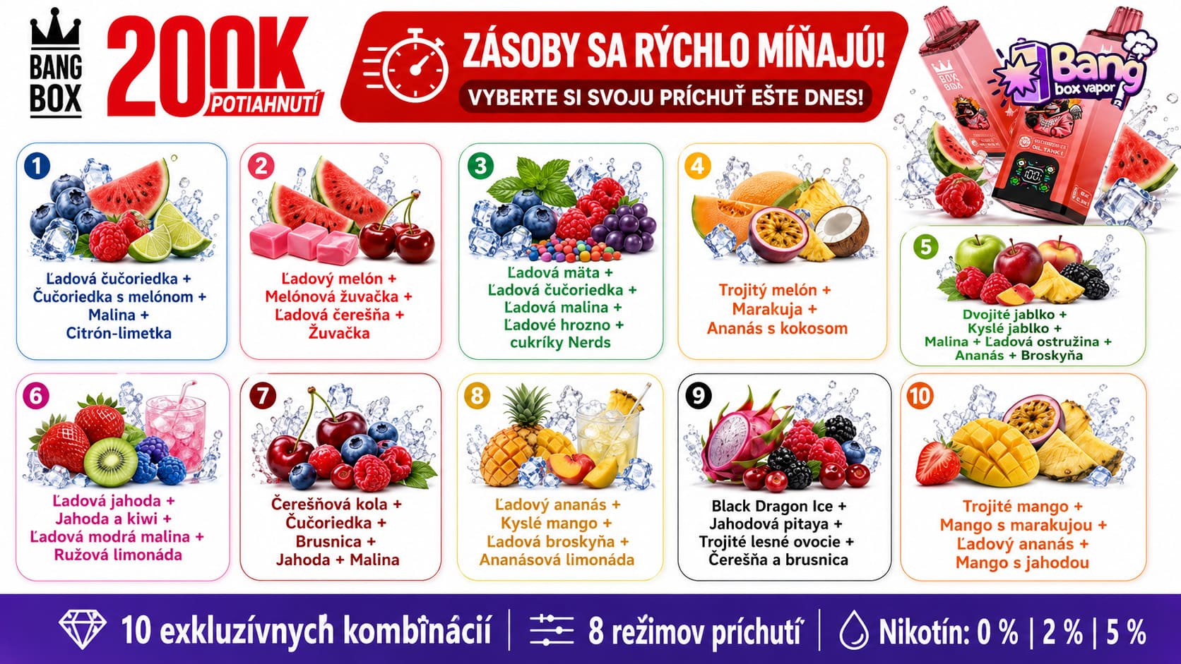 Bang Box 200K 10 kombinácií príchutí ovocná jednorazová e-cigareta 8 v 1 Slovensko