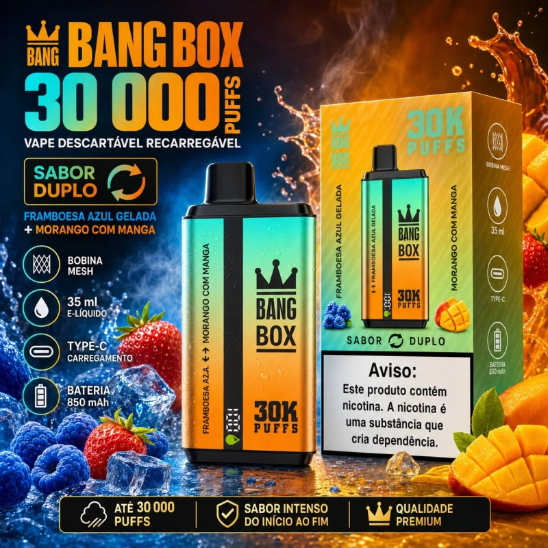 Bang Box 30000 Puffs vape descartável recarregável com dois sabores framboesa azul gelada e morango manga