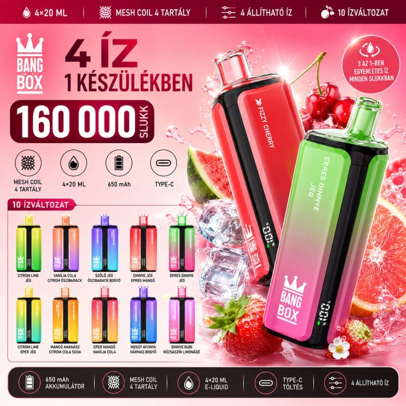 Bang Box 160K 4 az 1-ben eldobható vape 160 000 slukk, Type-C újratölthető e-cigi 4 íz kombinációval Magyarország