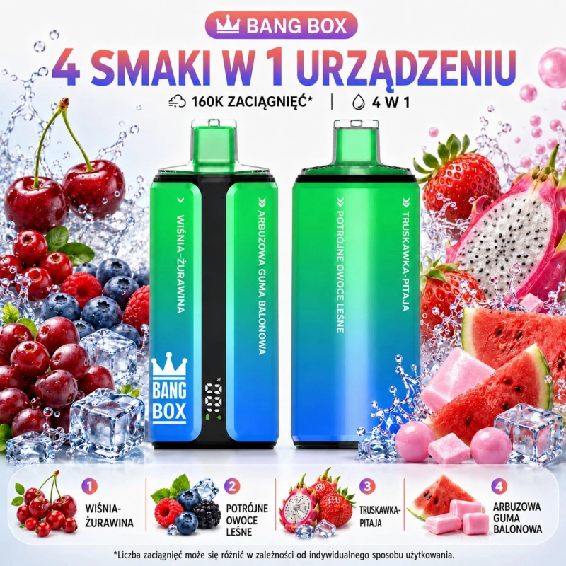 Bang Box 160K 4 w 1 – wiśnia z żurawiną, potrójna mieszanka jagodowa, truskawka z pitają, arbuzowa guma balonowa