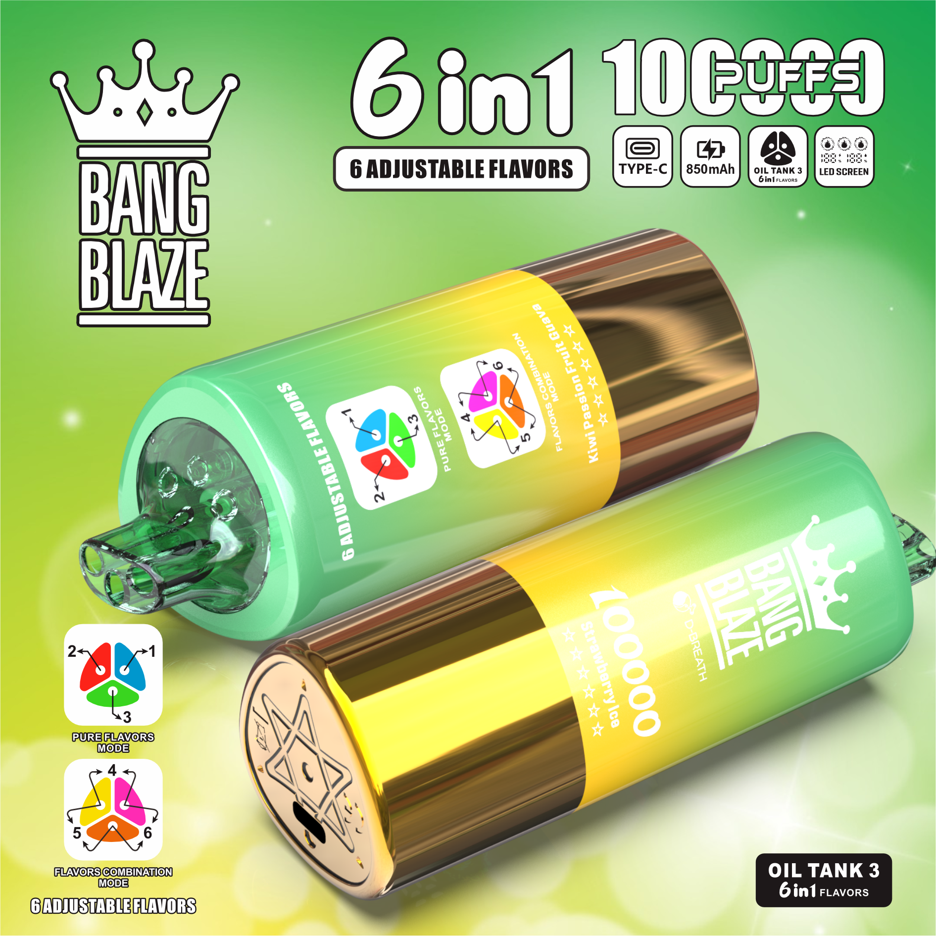 Bang Blaze® 100000 100k Puffs 6 az 1-ben Ízek Legújabb Eredeti Újratölthető Led Kijelzős Eldobható Vape