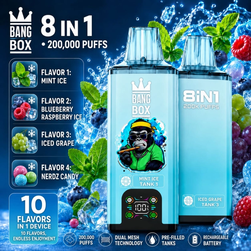 Bang Box 200K Mint Ice Blueberry Raspberry Grape Ice Nerdz Candy flavor vape