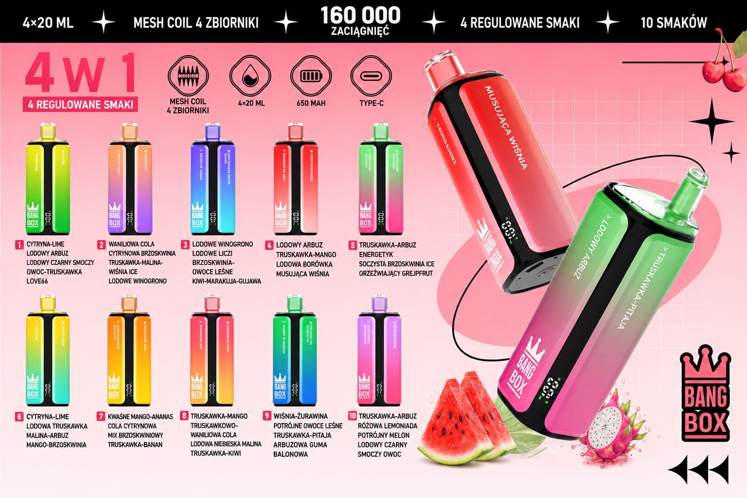 Bang Box 160K 4 w 1 – przegląd 10 wariantów smakowych jednorazowego e-papierosa