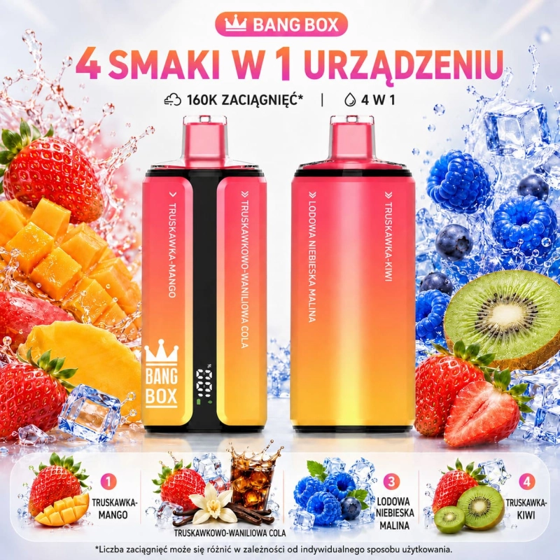 Bang Box 160K 4 w 1 – mango z truskawką, truskawkowa cola waniliowa, Blue Razz Ice, truskawka z kiwi
