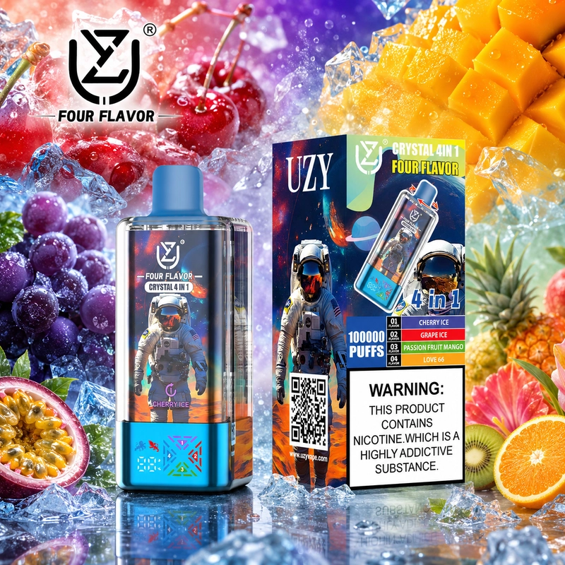 UZY 100K 4 az 1-ben eldobható vape – cseresznye jég, szőlő jég, maracuja-mangó és Love 66 ízkészlet