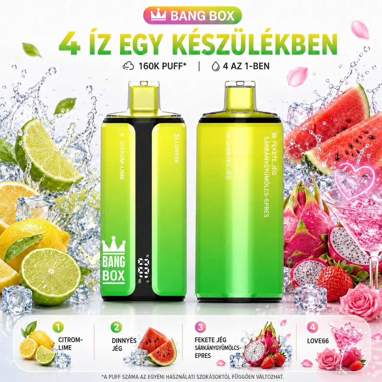 Bang Box 160K 4 az 1-ben Eldobható Vape | 160 000 Slukk | 4 Íz Egy Készülékben | Type-C | 0–5% Nikotin