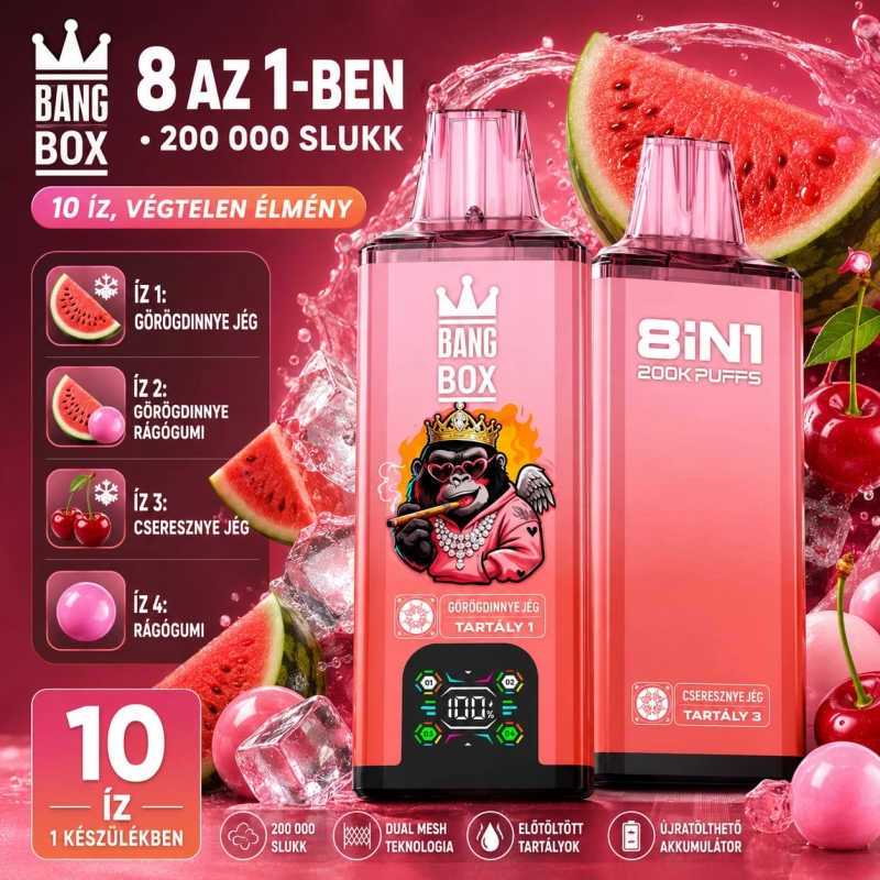 BangBox 200K vape 6 az 1-ben – görögdinnye fagylalt, rágógumi és cseresznye ízű eldobható e-cigaretta
