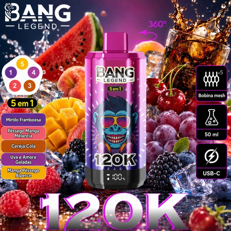 Vape descartável Bang Legend 120K 5 em 1 sabor Trio de Mirtilo com mirtilo gelado, mirtilo e framboesa e mirtilo com arando e cereja