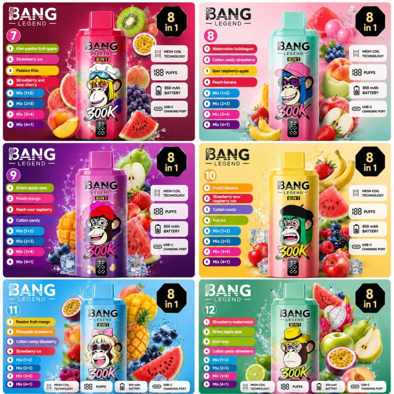 Bang Legend 300K multi-flavor vape lineup with four tanks, mesh coils, LED screen and USB-C rechargeable battery