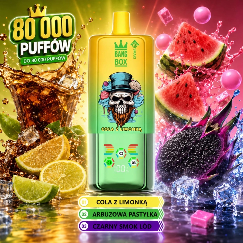 BangBox 80K 3 w 1 – cola z cytryną, arbuzowa guma do żucia oraz czarny smok z lodem