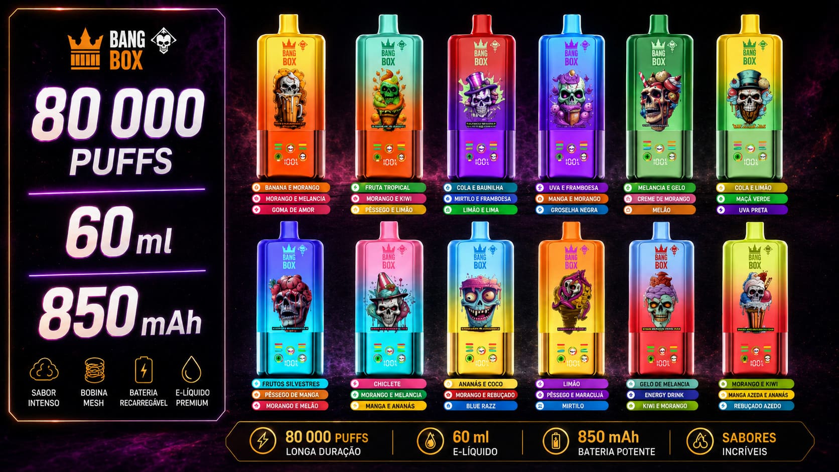 BANGBOX 80.000 puffs vape descartável 3-em-1 recarregável com seleção de múltiplos sabores intensos, coleção completa de frutas e gelo disponível