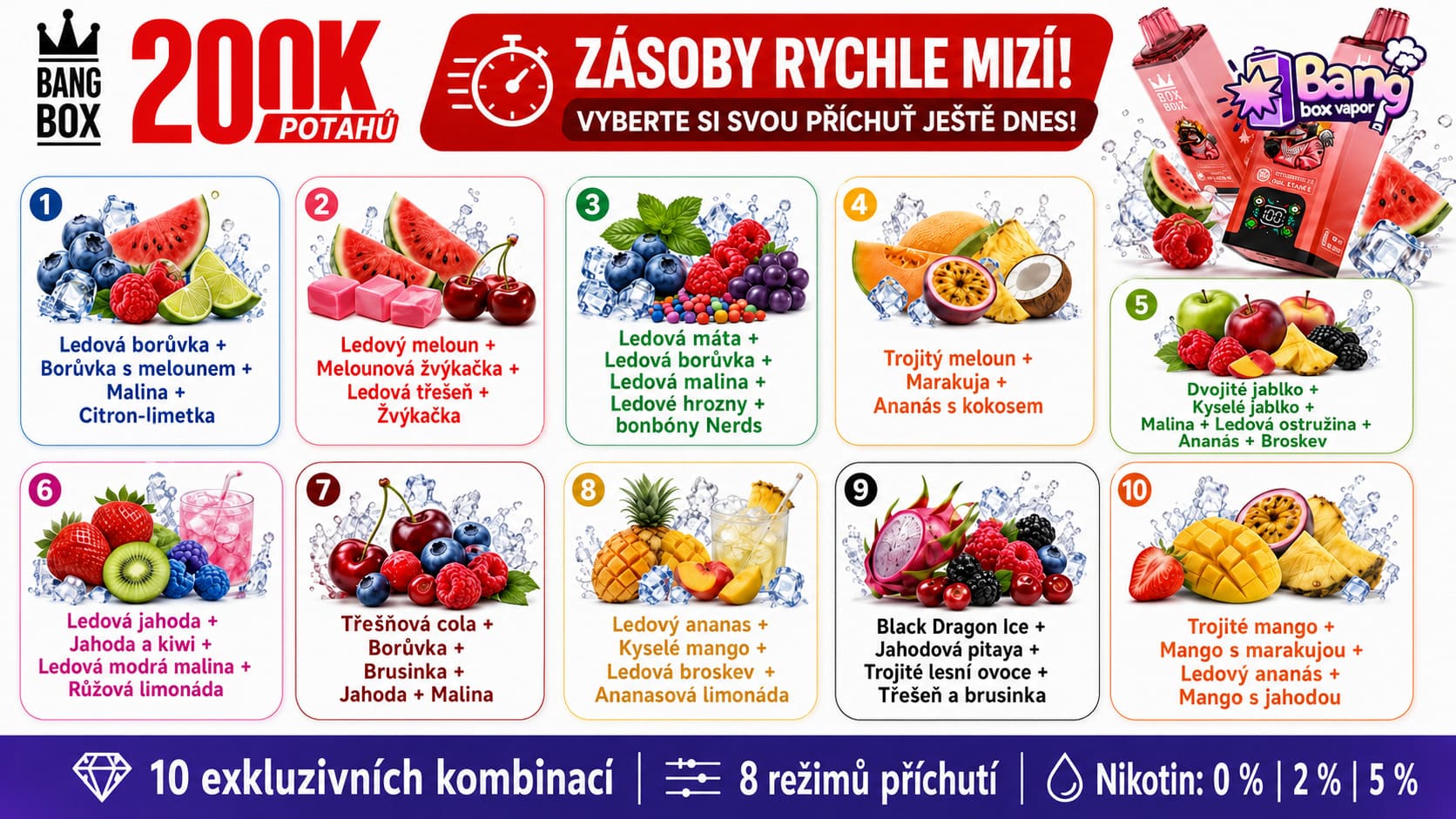 Bang Box 200K 8 v 1 náhodná příchuť – ovocné mixy, ledové příchutě a kombinace chutí pro dlouhotrvající zážitek