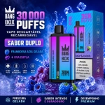 Bang Box 30000 Puffs vape descartável recarregável com dois sabores framboesa azul gelada e uva dupla
