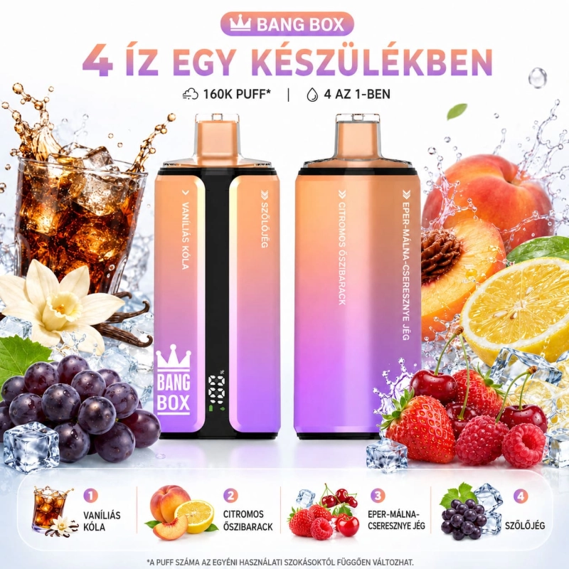 Vaníliás kóla, barackos citrom, eper-málna és jeges szőlő Bang Box 160K 4in1 eldobható vape