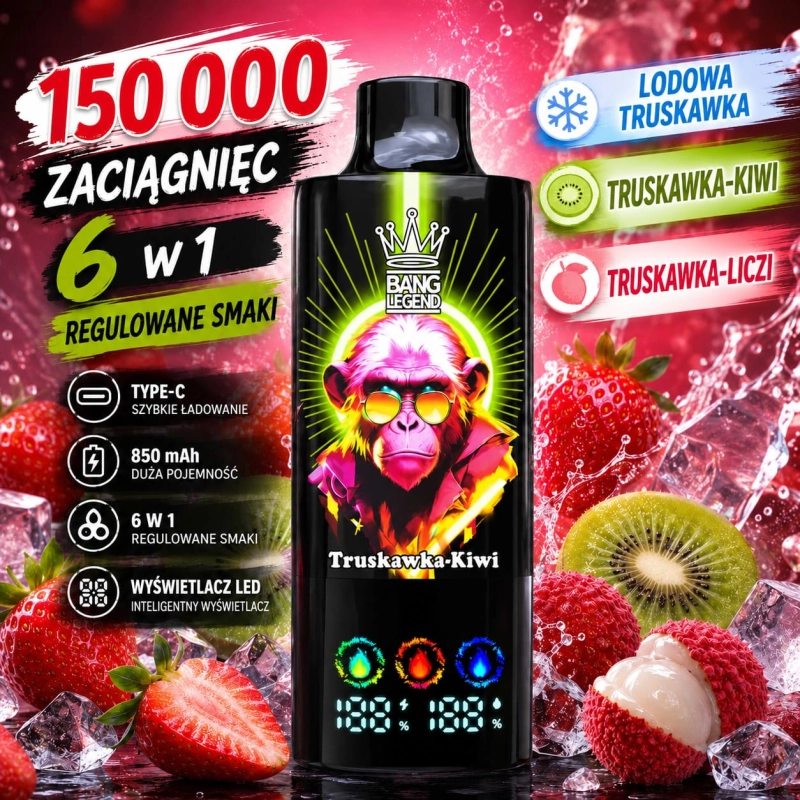 Bang Legend 150K 6 w 1 jednorazowy e-papieros – Truskawka Lód, Truskawka-Kiwi, Truskawka-Liczi