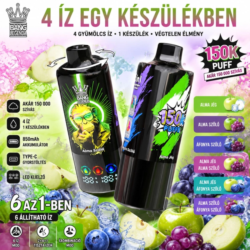 Bang Legend 150K alma jég, alma-szőlő és áfonya-szőlő eldobható vape íz kombináció