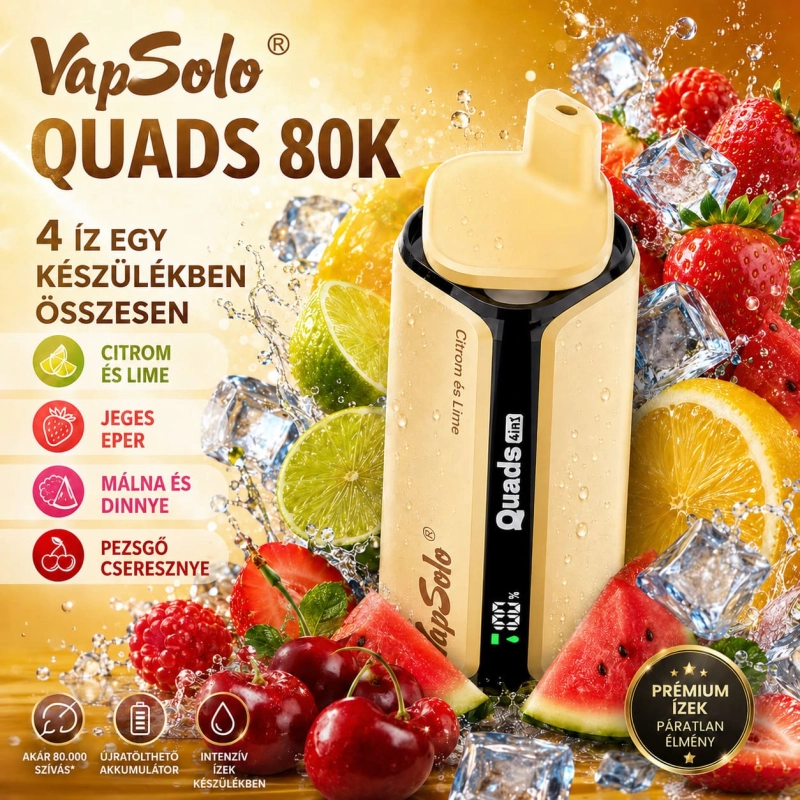 Vapsolo Quads 80K 4 az 1-ben eldobható vape – lime-citrom, jeges eper, málna-görögdinnye és pezsgő cseresznye ízek