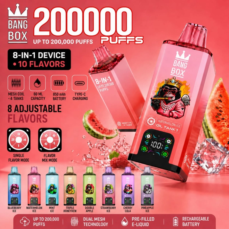Bang Box 200K 8 in 1 rechargeable vape with 10 random flavors, LED display and multi flavor design