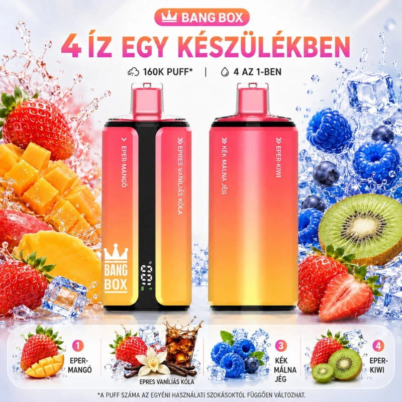 Mangó-eper, vaníliás kóla, Blue Razz jég és eper-kiwi Bang Box 160K eldobható vape