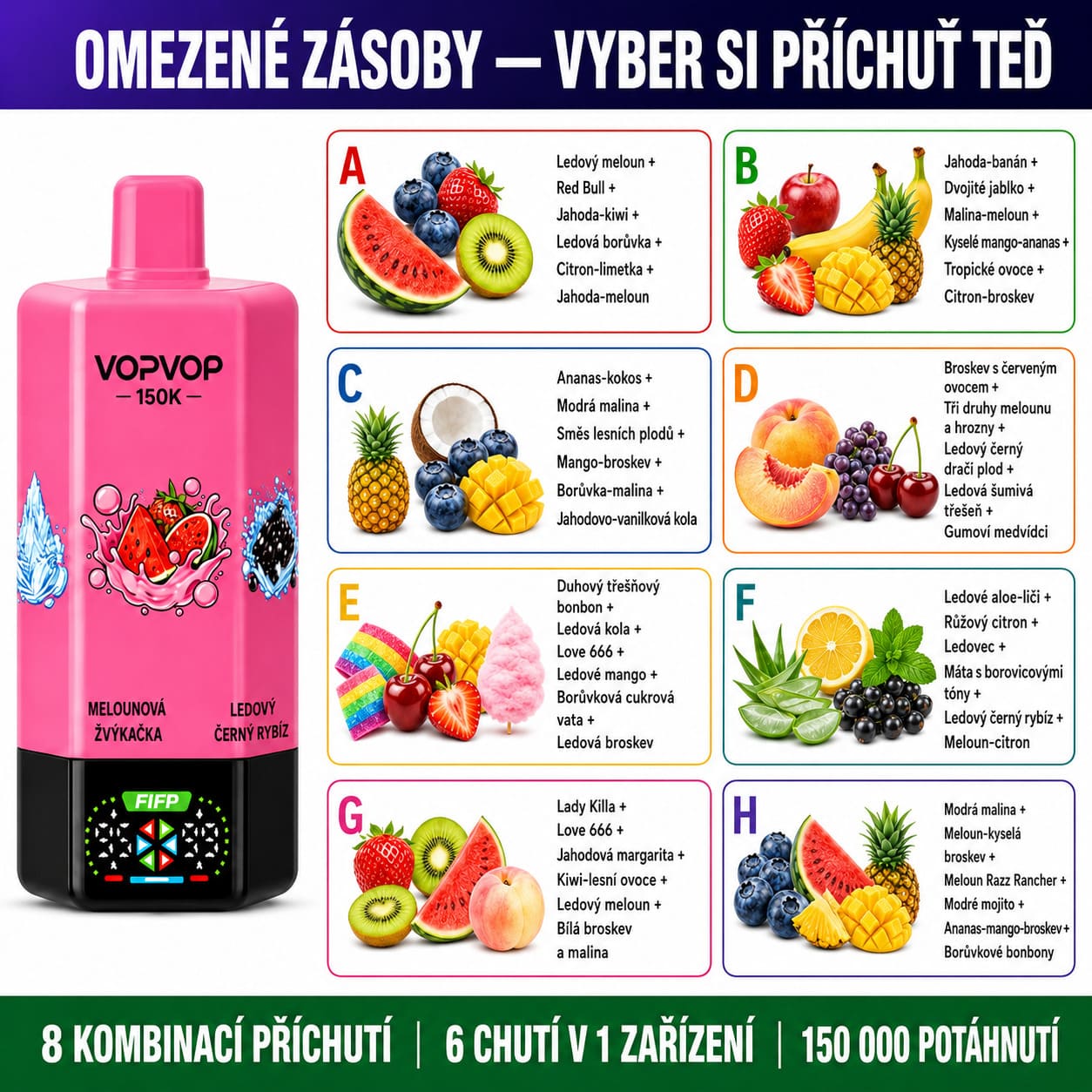 VOPVOP 150K – omezené zásoby a výběr příchutí, 8 kombinací jednorázových vape zařízení pro různé chutě