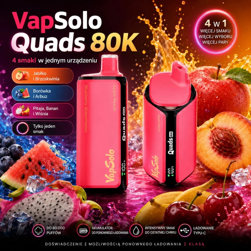 Vapsolo Quads 80K smaki – jabłko, brzoskwinia, arbuz, pitaja i banan