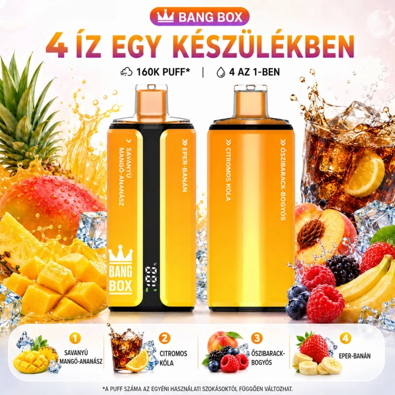 Savanyú mangó-ananász, kóla, barack mix és eper-banán Bang Box 160K 4 íz vape HU