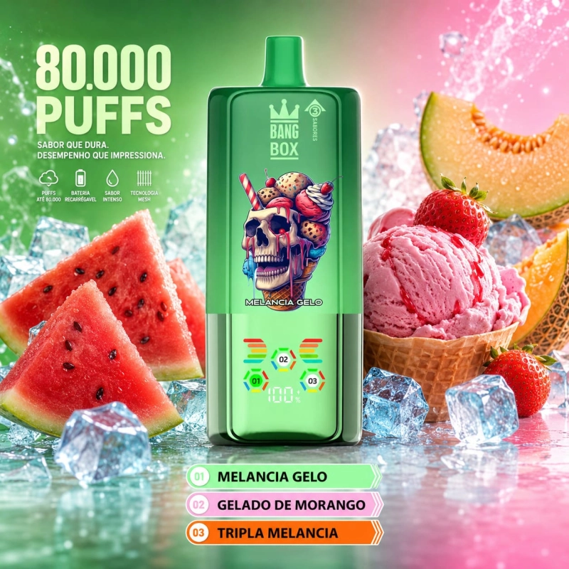 BANGBOX 80.000 puffs vape descartável 3-em-1 recarregável sabor melancia gelada, morango com sorvete e melão triplo
