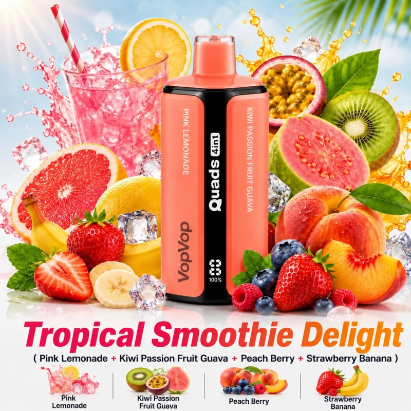 VOPVOP Quads 120K 4-in-1 Vape – Pink Lemonade, Kiwi Passion Fruit Guava, Peach Berry And Strawberry Banana