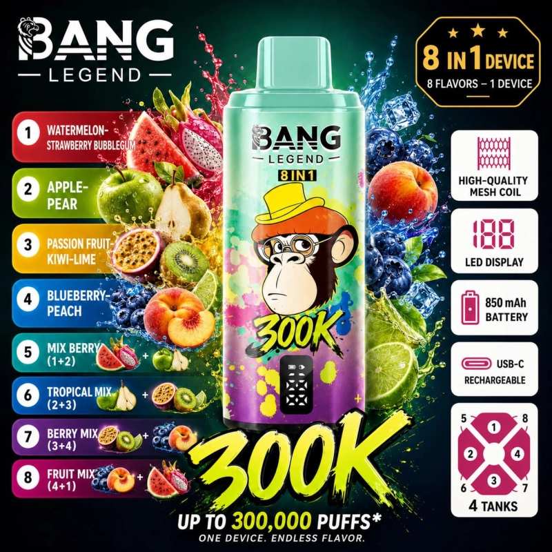 Bang Legend 300K 8-in-1 vape with Watermelon Dragon Fruit, Apple Pear, Passion Fruit Kiwi Lime and Blueberry Peach Ice
