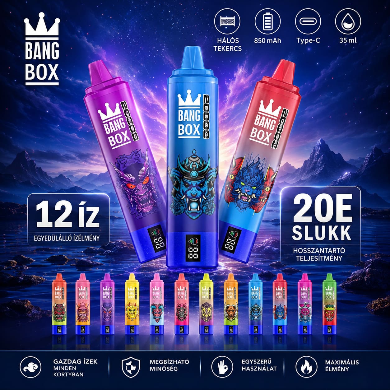 Bang Box 20 000 slukkos eldobható vape | 0–5% nikotin | újratölthető, Type-C