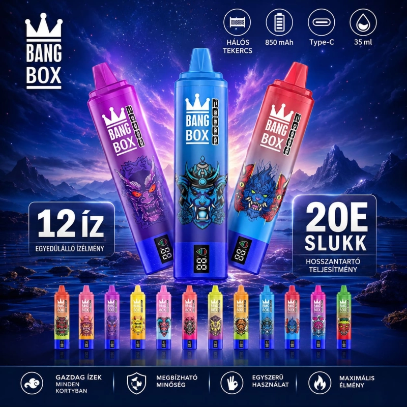 Bang Box 20 000 slukkos eldobható vape többféle ízben, újratölthető Type-C készülék